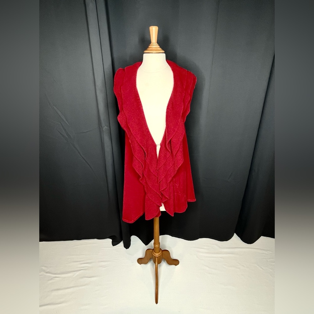 Dressbarn sleeveless‎ red ruffle cardigan.